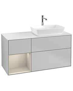 Villeroy und Boch Finion Villeroy und Boch G801HHGJ 120cm, plaque de recouvrement blanc mat, Emotion, étagères laqué sable sable, gris clair mat