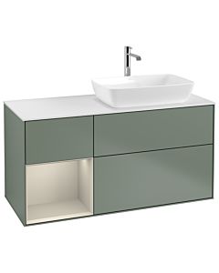 Villeroy und Boch Finion Villeroy und Boch G801HHGM 120cm, plaque de finition blanc mat, Emotion, étagères laqué sable sable, Olive Matt Lacquer