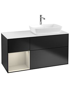 Villeroy und Boch Finion Villeroy und Boch G801HHPD 120cm, plaque de recouvrement blanc mat, Emotion, étagères laqué sable mat, laqué noir mat