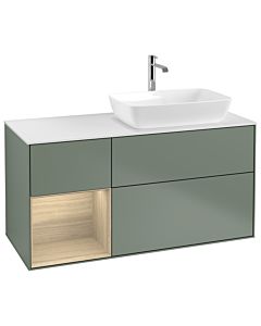 Villeroy und Boch Finion Waschtischunterschrank G801PCGM 120cm, Abdeckplatte white matt, Emotion, Regale Oak Veneer, Olive Matt Lacquer