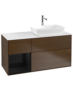 Villeroy und Boch Finion Waschtischunterschrank G801PHGN 120cm, Abdeckplatte white matt, Emotion, Regale Glossy black lacquer, Walnut veneer