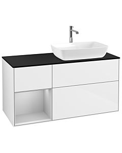 Villeroy und Boch Finion Waschtischunterschrank G802GJGF 120cm, Abdeckplatte black matt, Emotion, Regale Light grey matt lacquer, Glossy white lacquer