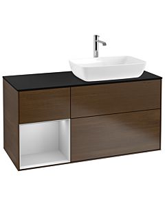 Villeroy und Boch Finion Waschtischunterschrank G802GJGN 120cm, Abdeckplatte black matt, Emotion, Regale Light grey matt lacquer, Walnut veneer