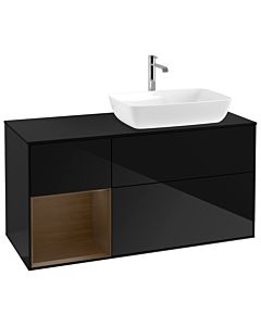 Villeroy und Boch Finion Waschtischunterschrank G802GNPH 120cm, Abdeckplatte black matt, Emotion, Regale Walnut Veneer, Glossy Black Lacquer