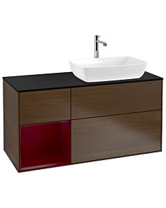 Villeroy und Boch Finion Waschtischunterschrank G802HBGN 120cm, Abdeckplatte black matt, Emotion, Regale Peony matt lacquer, Walnut veneer