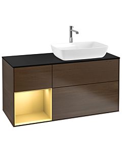 Villeroy und Boch Finion Waschtischunterschrank G802HFGN 120cm, Abdeckplatte black matt, Emotion, Regale Gold matt lacquer, Walnut veneer