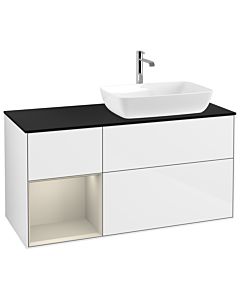 Villeroy und Boch Finion Waschtischunterschrank G802HHGF 120cm, Abdeckplatte black matt, Emotion, Regale sand matt lacquer, Glossy white lacquer