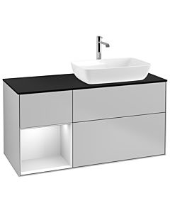 Villeroy und Boch Finion Villeroy und Boch G802MTGJ 120cm, plaque de finition noir mat, Emotion, étagères laqué blanc mat, gris clair mat