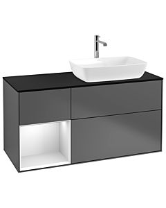 Villeroy und Boch Finion Waschtischunterschrank G802MTGK 120cm, Abdeckplatte black matt, Emotion, Regale White matt lacquer, Anthracite matt