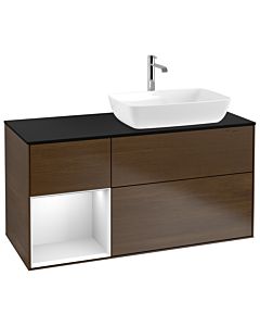 Villeroy und Boch Finion Waschtischunterschrank G802MTGN 120cm, Abdeckplatte black matt, Emotion, Regale White matt lacquer, Walnut veneer