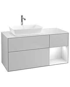 Villeroy und Boch Finion Waschtischunterschrank G811GFGJ 120cm, Abdeckplatte white matt, Emotion, Regale Glossy white lacquer, Light grey matt