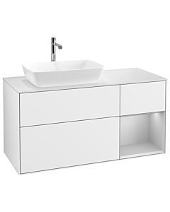 Villeroy und Boch Finion Waschtischunterschrank G811GJGF 120cm, Abdeckplatte white matt, Emotion, Regale Light grey matt lacquer, Glossy white lacquer