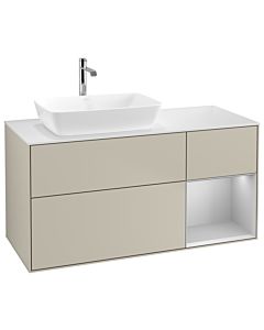 Villeroy und Boch Finion Villeroy und Boch G811GJHH 120cm, plaque de finition blanc mat, Emotion, étagères laqué gris clair mat, Sand Matt Lacquer