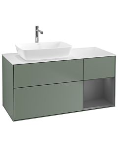 Villeroy und Boch Finion Waschtischunterschrank G811GKGM 120cm, Abdeckplatte white matt, Emotion, Regale Anthracite matt lacquer, Olive Matt Lacquer