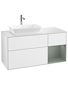 Villeroy und Boch Finion Waschtischunterschrank G811GMGF 120cm, Abdeckplatte white matt, Emotion, Regale Olive matt lacquer, Glossy white lacquer