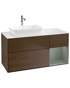 Villeroy und Boch Finion Waschtischunterschrank G811GMGN 120cm, Abdeckplatte white matt, Emotion, Regale Olive matt lacquer, Walnut veneer