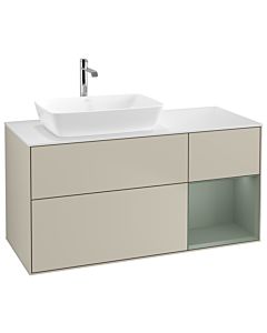 Villeroy und Boch Finion Villeroy und Boch G811GMHH 120cm, plaque de finition blanc mat, Emotion, étagères olive laqué mat, Sand Matt Lacquer