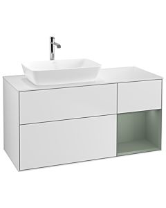 Villeroy und Boch Finion Waschtischunterschrank G811GMMT 120cm, Abdeckplatte white matt, Emotion, Regale Olive matt lacquer, White matt lacquer