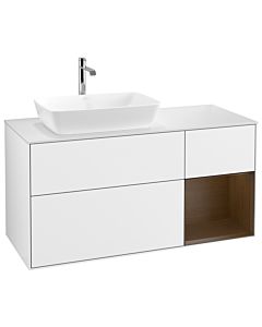 Villeroy und Boch Finion Waschtischunterschrank G811GNGF 120cm, Abdeckplatte white matt, Emotion, Regale Walnut Veneer, Glossy white lacquer