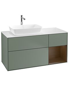 Villeroy und Boch Finion Waschtischunterschrank G811GNGM 120cm, Abdeckplatte white matt, Emotion, Regale Walnut Veneer, Olive Matt Lacquer