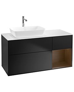 Villeroy und Boch Finion Waschtischunterschrank G811GNPD 120cm, Abdeckplatte white matt, Emotion, Regale Walnut Veneer, Black matt lacquer