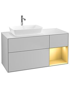 Villeroy und Boch Finion Villeroy und Boch G811HFGJ 120cm, plaque de finition blanc mat, Emotion, étagères laqué or mat, gris clair mat