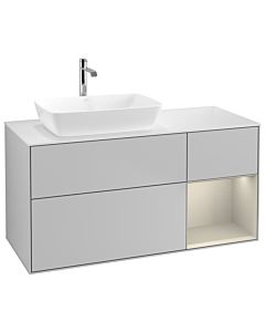 Villeroy und Boch Finion Villeroy und Boch G811HHGJ 120cm, plaque de recouvrement blanc mat, Emotion, étagères laqué sable sable, gris clair mat