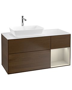 Villeroy und Boch Finion Waschtischunterschrank G811HHGN 120cm, Abdeckplatte white matt, Emotion, Regale sand matt lacquer, Walnut veneer