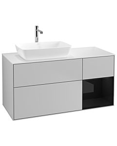 Villeroy und Boch Finion Villeroy und Boch G811PHGJ 120cm, plaque de finition blanc mat, Emotion, étagères laqué noir brillant, gris clair mat