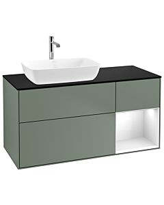 Villeroy und Boch Finion Waschtischunterschrank G812GFGM 120cm, Abdeckplatte black matt, Emotion, Regale Glossy white lacquer, Olive Matt Lacquer