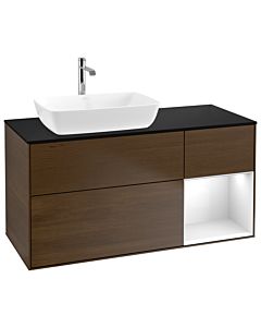 Villeroy und Boch Finion Waschtischunterschrank G812GFGN 120cm, Abdeckplatte black matt, Emotion, Regale Glossy white lacquer, Walnut veneer