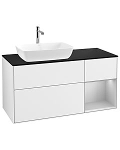 Villeroy und Boch Finion Waschtischunterschrank G812GJGF 120cm, Abdeckplatte black matt, Emotion, Regale Light grey matt lacquer, Glossy white lacquer