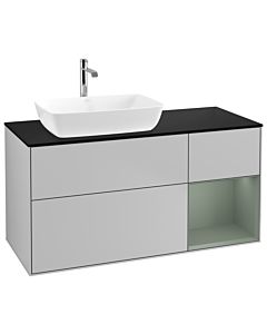 Villeroy und Boch Finion Waschtischunterschrank G812GMGJ 120cm, Abdeckplatte black matt, Emotion, Regale Olive matt lacquer, Light grey matt