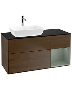 Villeroy und Boch Finion Waschtischunterschrank G812GMGN 120cm, Abdeckplatte black matt, Emotion, Regale Olive matt lacquer, Walnut veneer