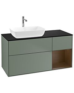 Villeroy und Boch Finion Waschtischunterschrank G812GNGM 120cm, Abdeckplatte black matt, Emotion, Regale Walnut Veneer, Olive Matt Lacquer