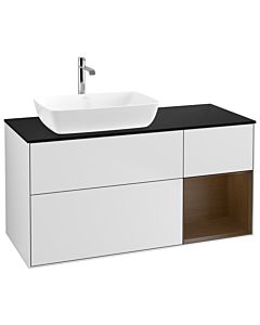 Villeroy und Boch Finion Waschtischunterschrank G812GNMT 120cm, Abdeckplatte black matt, Emotion, Regale Walnut Veneer, White matt lacquer