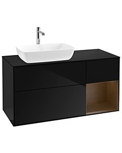 Villeroy und Boch Finion Waschtischunterschrank G812GNPH 120cm, Abdeckplatte black matt, Emotion, Regale Walnut Veneer, Glossy Black Lacquer