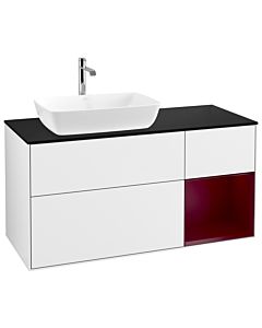 Villeroy und Boch Finion Villeroy und Boch G812HBGF 120cm, plaque de finition noir mat, Emotion, étagères Peony laqué mat, laqué blanc brillant