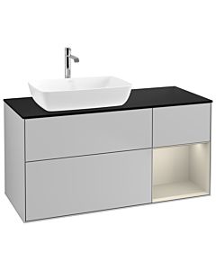 Villeroy und Boch Finion Waschtischunterschrank G812HHGJ 120cm, Abdeckplatte black matt, Emotion, Regale sand matt lacquer, Light grey matt