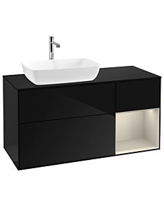 Villeroy und Boch Finion Waschtischunterschrank G812HHPH 120cm, Abdeckplatte black matt, Emotion, Regale sand matt lacquer, Glossy Black Lacquer