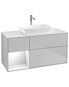 Villeroy und Boch Finion Villeroy und Boch G821GFGJ 120cm, plaque de finition blanc mat, Emotion, étagères laqué blanc brillant, gris clair mat