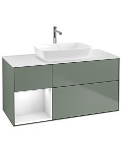Villeroy und Boch Finion Waschtischunterschrank G821GFGM 120cm, Abdeckplatte white matt, Emotion, Regale Glossy white lacquer, Olive Matt Lacquer