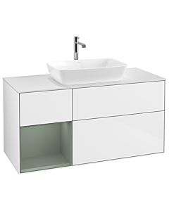 Villeroy und Boch Finion Villeroy und Boch G821GMGF 120cm, plaque de recouvrement blanc mat, Emotion, étagères laqué mat olive, laqué blanc brillant