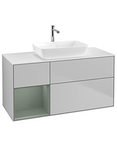 Villeroy und Boch Finion Villeroy und Boch G821GMGJ 120cm, plaque de finition blanc mat, Emotion, étagères laqué mat olive, gris clair mat