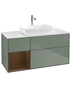 Villeroy und Boch Finion Waschtischunterschrank G821GNGM 120cm, Abdeckplatte white matt, Emotion, Regale Walnut Veneer, Olive Matt Lacquer