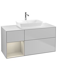 Villeroy und Boch Finion Waschtischunterschrank G821HHGJ 120cm, Abdeckplatte white matt, Emotion, Regale sand matt lacquer, Light grey matt