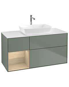 Villeroy und Boch Finion Waschtischunterschrank G821PCGM 120cm, Abdeckplatte white matt, Emotion, Regale Oak Veneer, Olive Matt Lacquer