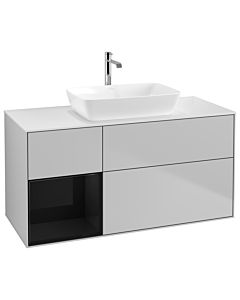 Villeroy und Boch Finion Waschtischunterschrank G821PHGJ 120cm, Abdeckplatte white matt, Emotion, Regale Glossy black lacquer, Light grey matt