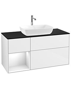 Villeroy und Boch Finion Villeroy und Boch G822GFGF 120cm, plaque de finition noire mate, Emotion, étagères laqué blanc brillant, laqué blanc brillant