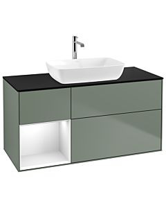 Villeroy und Boch Finion Waschtischunterschrank G822GFGM 120cm, Abdeckplatte black matt, Emotion, Regale Glossy white lacquer, Olive Matt Lacquer